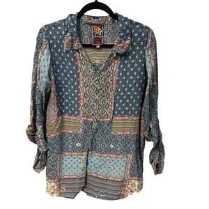 Johnny Was Blue Multicolor Floral Geometric Print Longline Shirt Womens Large